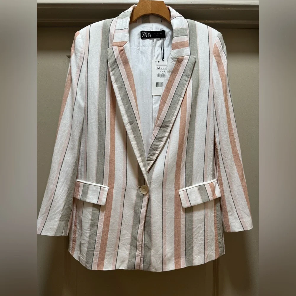 Zara Striped Linen Blend Blazer Size Medium - Picture 2 of 14